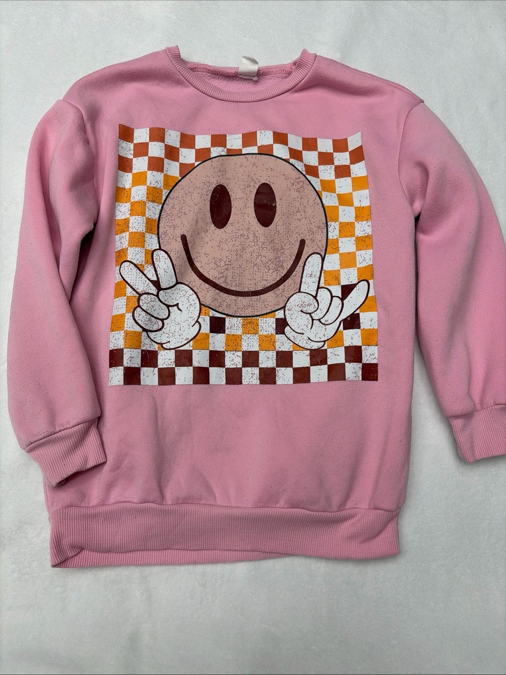 SHEIN Pink Checkerboard Smiley Graphic Sweatshirt